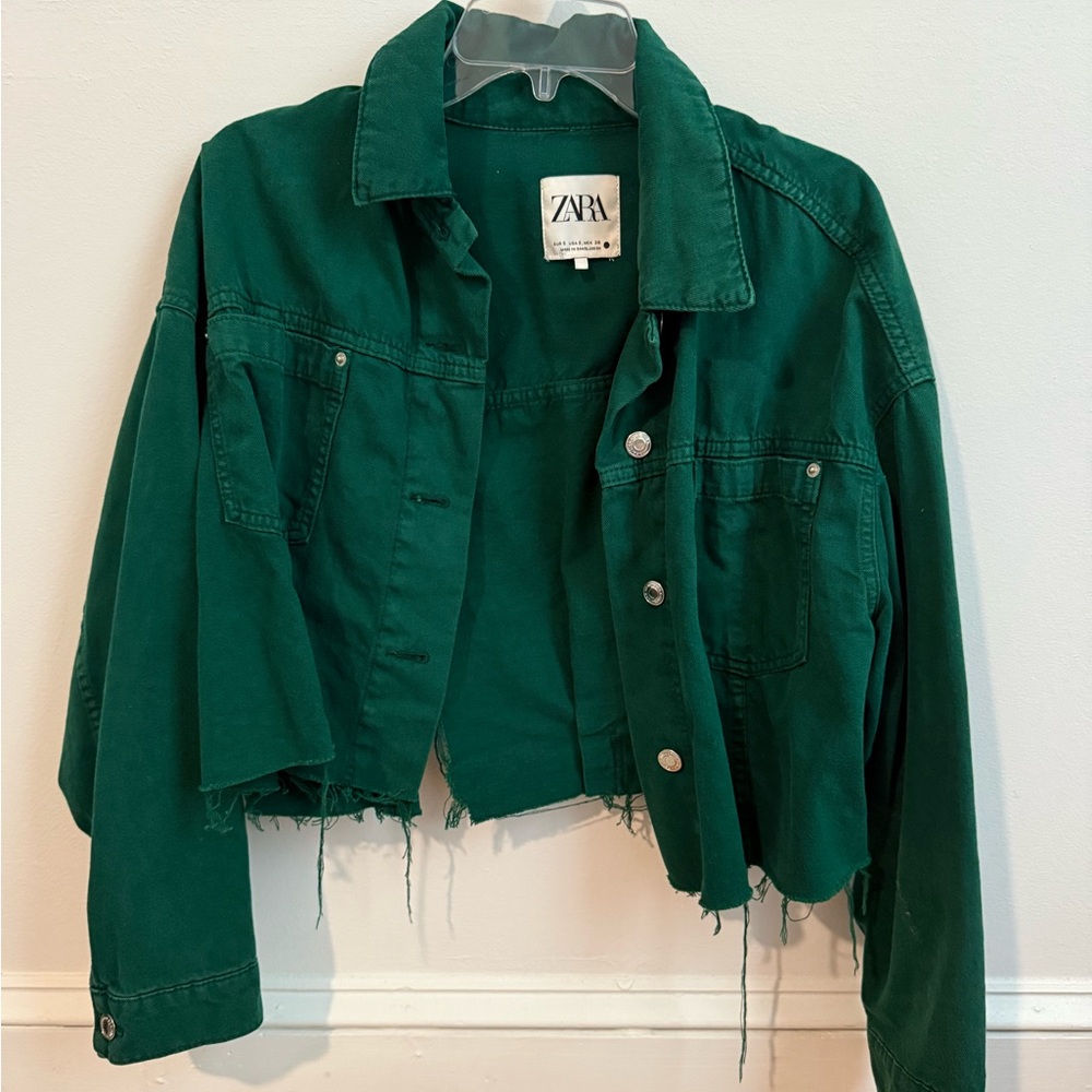 Zara Emerald Green Cropped Denim Jacket